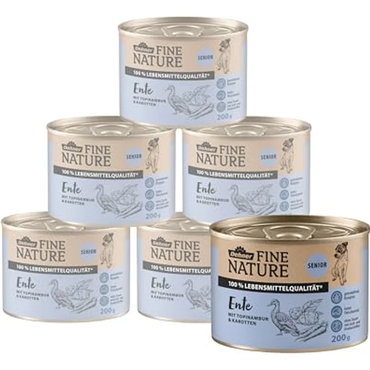 Dehner Fine Nature Hundefutter, Nassfutter in Lebensmittelqualität, für ältere Hunde, Ente mit Topinambur und Karotten, 6 x 200 g Dose (1.2 kg) – Bild 1