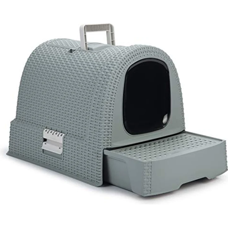 Curver petlife Katzentoilette mit Deckel, Katzenklo inklusive Schaufel, moderne Rattangeflecht-Optik, grau-blau, 51,5 x 38,5 x 40 cm – Bild 2