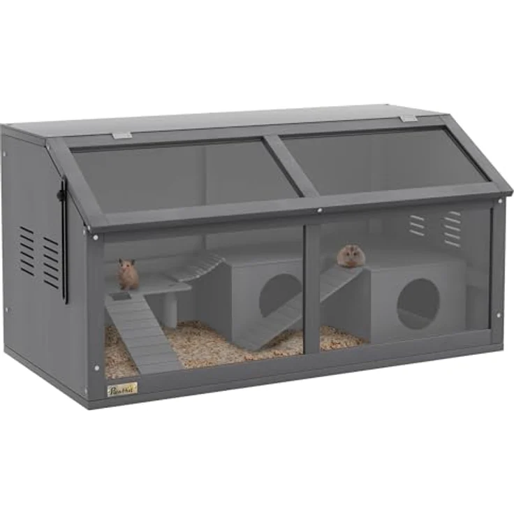PawHut Hamsterkäfig aus Holz 85 x 45 x 44 cm, Nagerkäfig mit oberer Tür, Hängebrücke, Leitern und Hütte für Zwerghamster, dunkelgrau – Bild 1