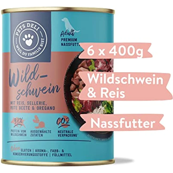 Pets Deli Classic Hunde Nassfutter Wildschwein & Reis, leicht verdaulich, getreidefrei, 6x400 g, Premium Qualität – Bild 2