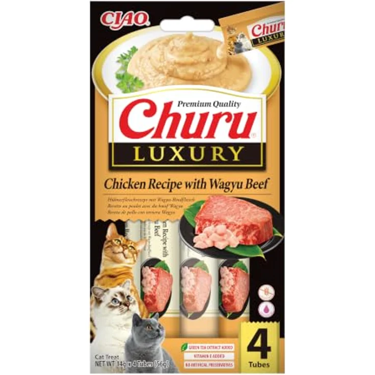 INABA Churu Luxury, Katzenleckerlis mit Huhn und Wagyu-Rindfleisch, kalorienarm und ohne tierische Nebenerzeugnisse, 56g – Bild 1