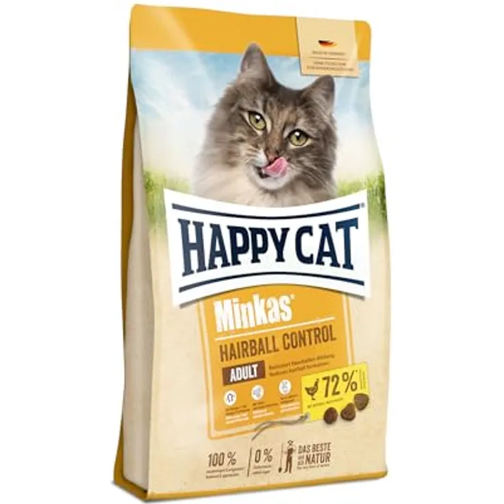 Happy Cat 70417 Minkas Hairball Control, Trockenfutter für ausgewachsene Katzen mit Geflügel und hohem Rohfaseranteil, 4 kg