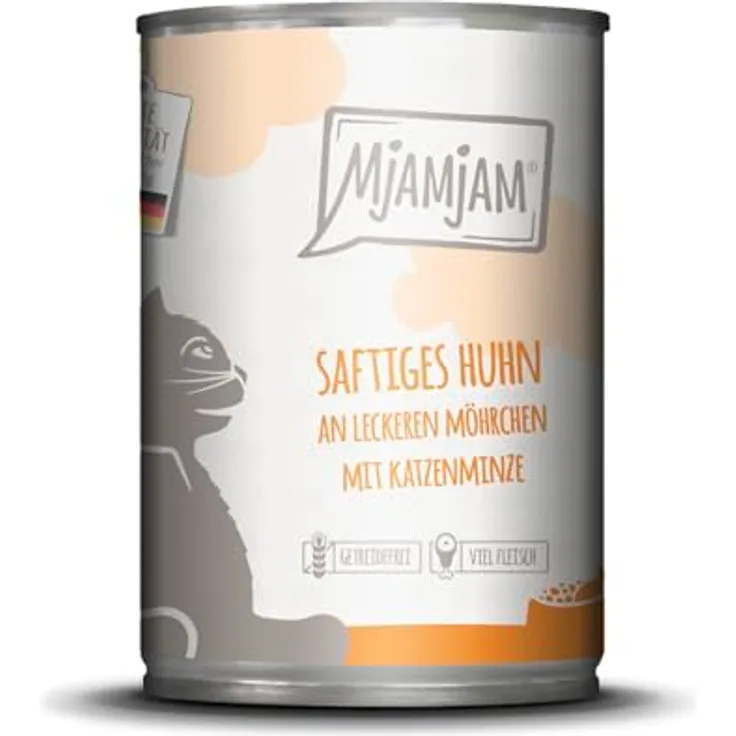 MjAMjAM 6 x 400 g, Nassfutter für Katzen mit saftigem Huhn und Möhrchen, getreidefrei und in hoher Qualität