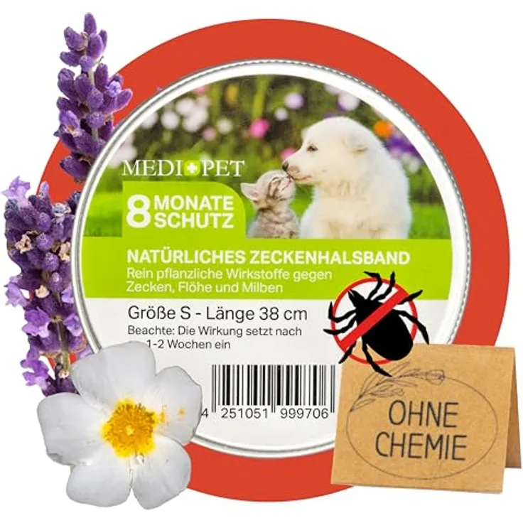 MEDIDOG Natürliches Zeckenhalsband, 8 Monate Schutz vor Zecken, Flöhen und Milben, für kleine Hunde & Katzen, mit Zistrose- & Lavendelöl, 38 x 1,5 cm, wasserfest und chemiefrei
