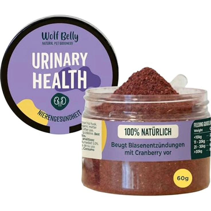 Wolf Belly Blasenentzündung Pulver für Hunde und Katzen, 100% natürlich mit Cranberry und Vitamin C, zur Unterstützung der Nierengesundheit, 60 g - Made in Europe – Bild 1