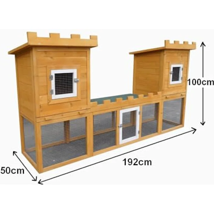 Mucola Kaninchenstall Schloss XXL 192x50x100 cm, Holz 2 Etagen mit Freilauf, witterungsbeständig, leicht zu reinigen, hellbraun – Bild 3