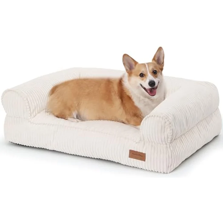 FUKUMARU Hundebett für große Hunde, Flauschiges & wasserabweisendes Katzensofa aus Cordstoff, Waschbar, rutschfest, Abnehmbarer Reißverschlussbezug, 93 x 63 x 22 cm, Creme – Bild 1