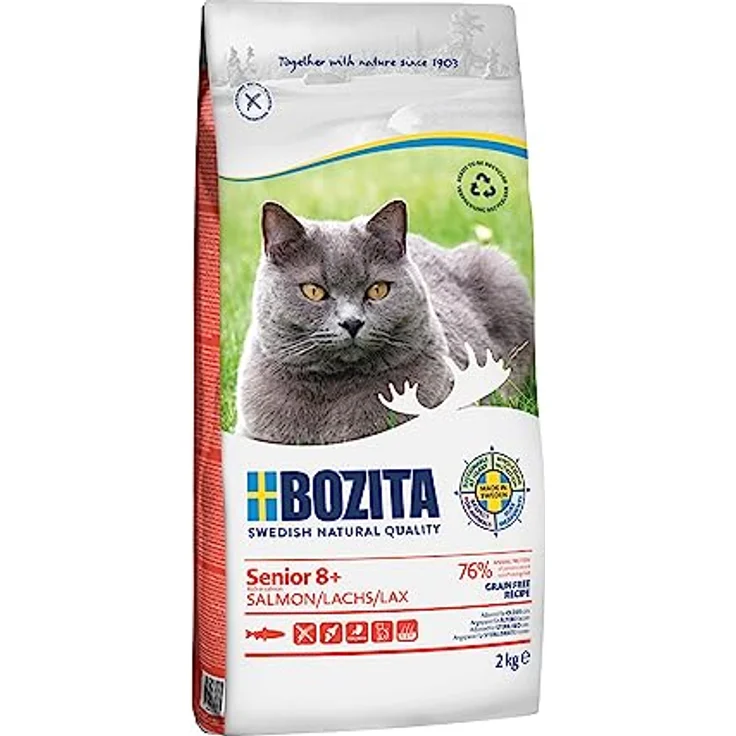 Bozita Grain Free Katzentrockenfutter mit Lachs 2kg – getreidefreies Futter für sensible Senior-Katzen ab 8 Jahren – 33 % Protein, 12 % Fett, ohne Zucker & Gentechnik – aus Schweden – Bild 1