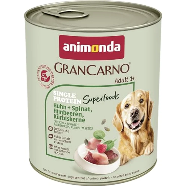 animonda GranCarno superfoods Huhn + Spinat + Himbeer + Kürbiskern, Hunde-Nassfutter, 6x800g, hochwertige und ausgewogene Rezeptur, hergestellt in Deutschland – Bild 3