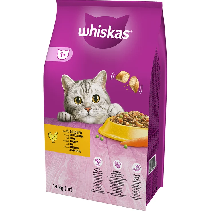 Whiskas 1+ Huhn, Katzen-Trockenfutter mit Knackits, 14 kg, unterstützt Zahnhygiene und Harnwegsfunktion