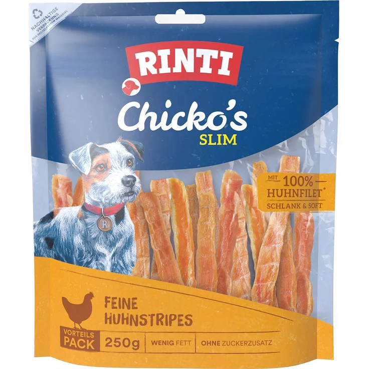 Rinti RINTI Chicko's Slim Huhnstripes, 250 g aus frischem Hühnerbrustfilet, luftgetrocknet, ohne Fleischmehle und Soja, leicht bekömmlich