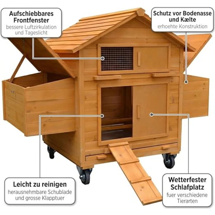 Mucola Rollbarer Hühnerstall aus Holz, inkl. 2 Nestboxen, Wetterfest, Schutz vor Bodennässe und Kälte, Natur/Braun – Bild 5