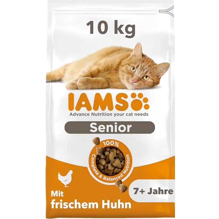 IAMS Senior Katzenfutter trocken mit Huhn, 10 kg - Ausgewogenes Trockenfutter für Katzen ab 7 Jahren, reich an tierischen Proteinen, weizenfrei, mit Omega-3- & Omega-6-Fettsäuren für gesunde Haut und glänzendes Fell – Bild 1