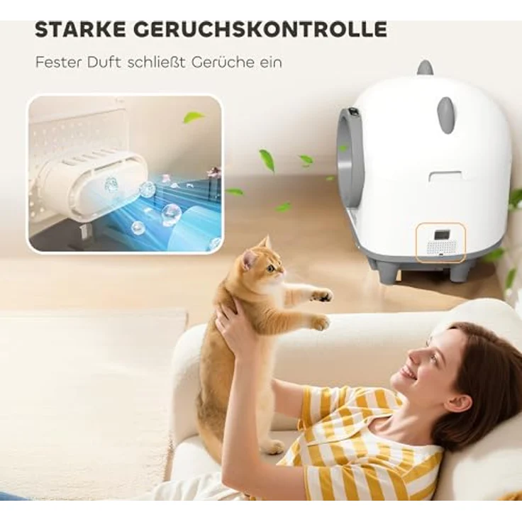 PawHut automatische Katzentoilette mit App-Steuerung, Geruchsbeseitigung und Mülleimer, weiß-grau, für mehrere Katzen – Bild 6