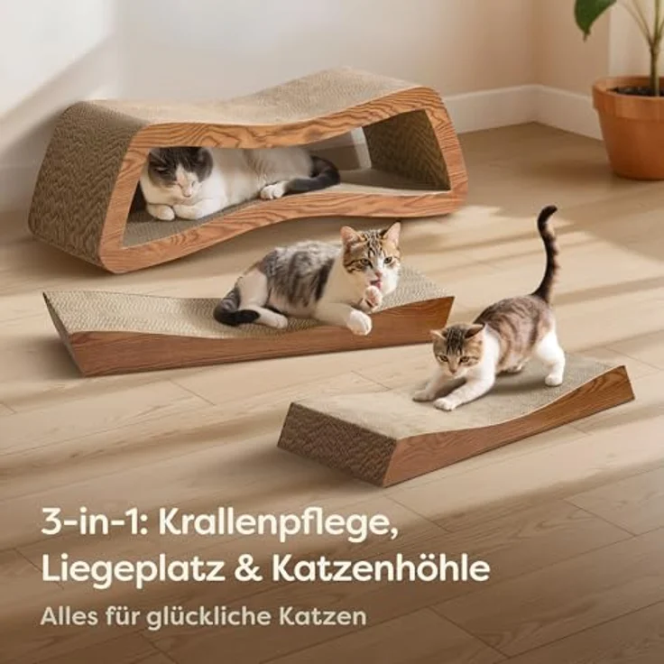 Knupis Kratzbrett Katze XXL Mountain Braun, 75 cm, 3-in-1 Kratzmöbel aus hochdichter Wellpappe, platzsparend und sofort einsatzbereit – Bild 2