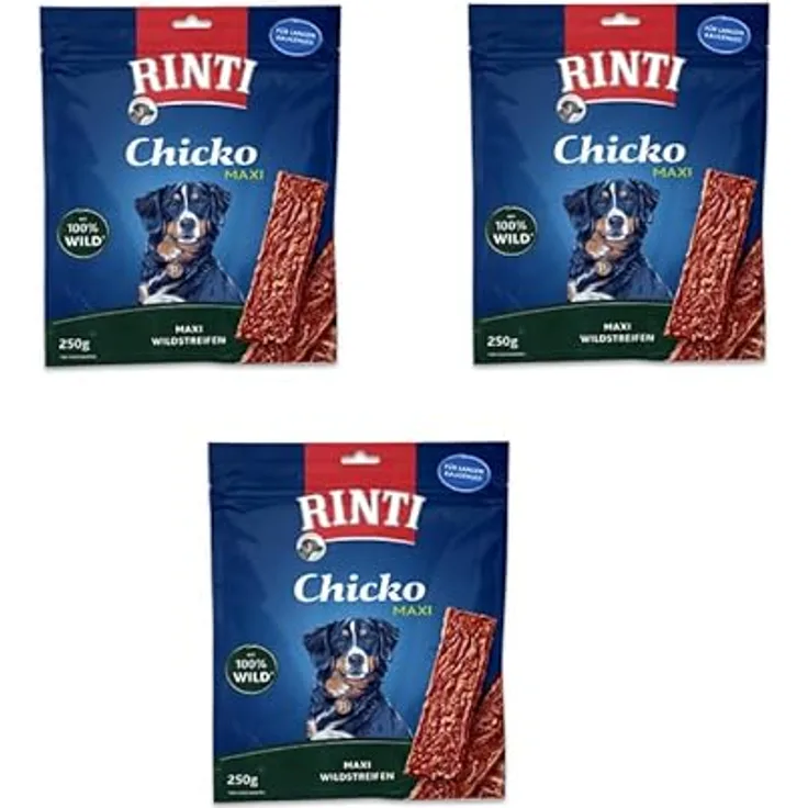 Rinti Chicko Maxi Wild, Ergänzungsfuttermittel für Hunde, 3er Pack mit zarten Wildfleisch-Streifen, leicht bekömmlich und gut verdaulich, ohne Soja, 3 x 250 g
