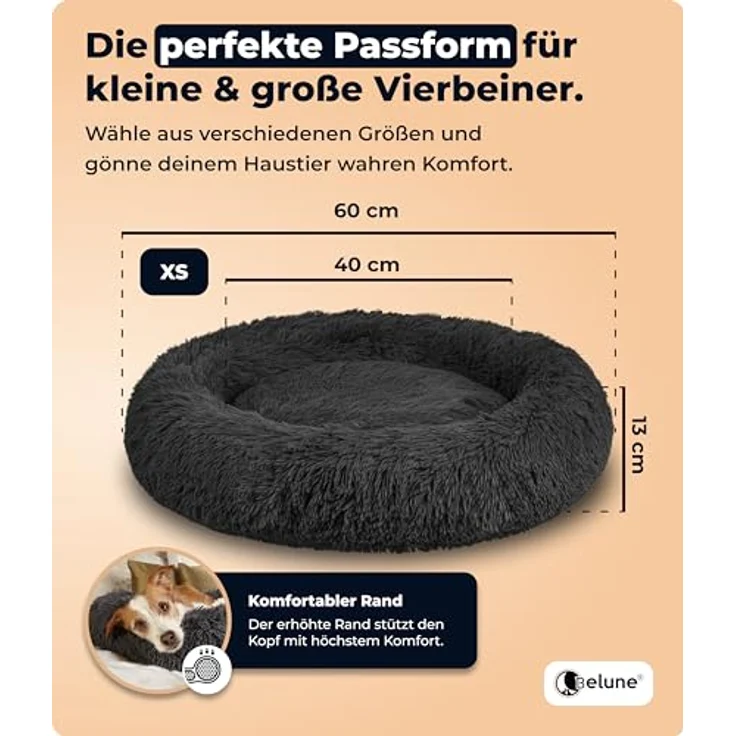 Belune® Hundebett Original, waschbarer Bezug, 60cm, schwarz, 100% veganes Kunstfell, rutschfest, komfortabler Polsterrand, für große, mittelgroße & kleine Hunde – Bild 5