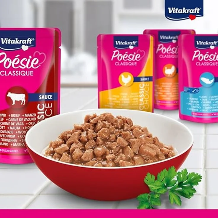Vitakraft Poésie Classique, Nassfutter für Katzen in Sauce, mit Huhn, Truthahn, Rind und Lachs, ohne Zucker und Getreide, 12x85g Paket – Bild 3