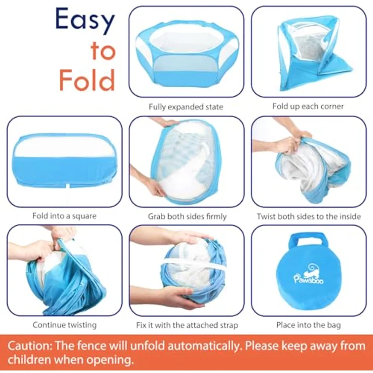 Pawaboo Kleintiere Freigehege, Wasserdicht Faltbar für Hasen, Hühner, Kätzchen und Welpen, Visuell Laufstall mit Netz und Nylonboden, 133 cm x 38 cm - Blau – Bild 2