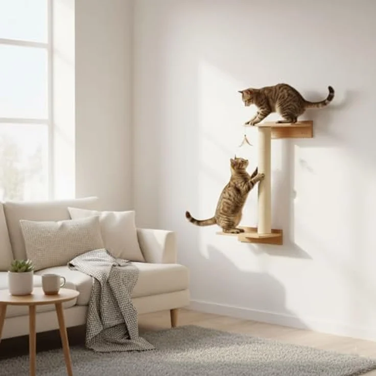 EYEPOWER 71 cm Wandkratzbaum Milo, Kletterbaum mit 2 Plateaus, Wandhalterung, Sisalstämme und massive Bambusplatte für Katzen – Bild 3