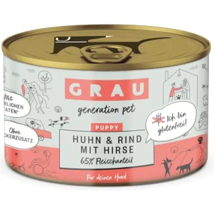 GRAU – das Original – Nassfutter für Hunde – Puppy – Huhn & Rind mit Hirse, glutenfrei, 6er Pack (6 x 200 g)