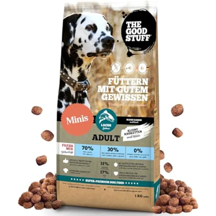 THE GOODSTUFF Minis Lachs (Adult) 1 kg | Hochwertiges getreidefreies Hundefutter mit 70% Lachs | Super-Premium Trockenfutter für ausgewachsene Hunde