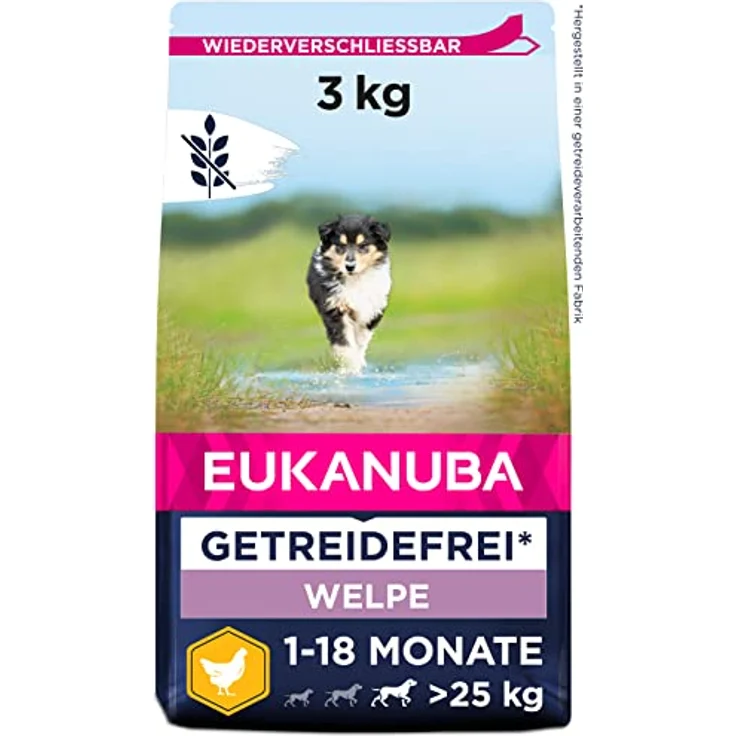 Eukanuba Welpenfutter getreidefrei mit Huhn für große Rassen, Trockenfutter ohne Getreide für Junior Hunde, 3 kg, reich an frischem Huhn, unterstützt Knochen- und Gelenkentwicklung – Bild 1
