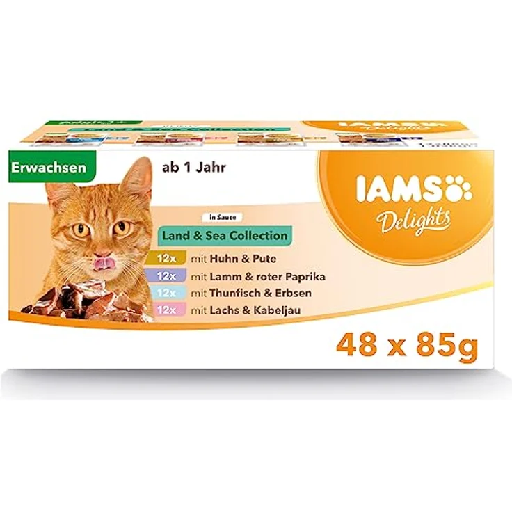 IAMS Delights Land & Sea Collection, Nassfutter für Katzen in Soße, 48 x 85 g, vier Geschmackssorten aus Fleisch, Fisch und Gemüse – Bild 1