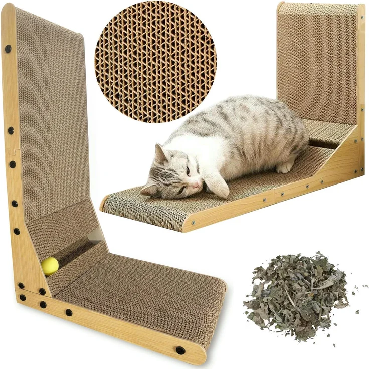 Mersjo SNAPPY 60 cm Eck-Kratzbaum für Katzen, mit Balltunnel und Catnip, platzsparendes Design aus MDF und Wellpappe