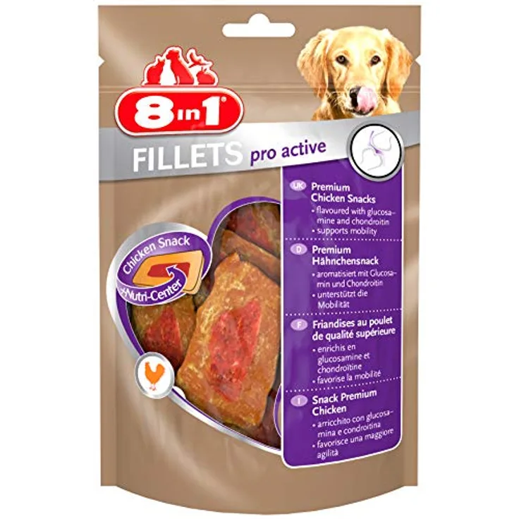 8in1 Fillets pro active Größe S, Hundesnack ohne Zucker mit Geflügel, 80 g