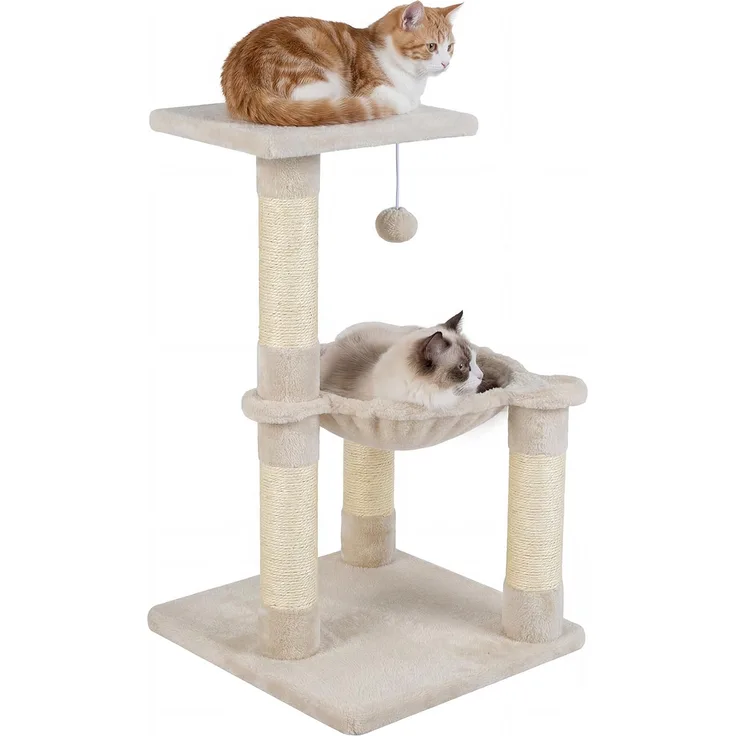 KOMFOTTEU Katzenbaum mehrstöckig, Kratzbaum mit oberem Aussichtsplatz, Hängematte & Hängeball, Beige, Tragkraft 10 kg, Plüsch Kletterbaum für Katzen
