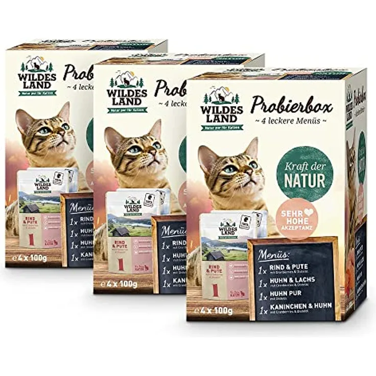 WILDES LAND 4er Pouch-Probierbox für Katzen, getreidefreies Nassfutter mit hohem Fleischanteil