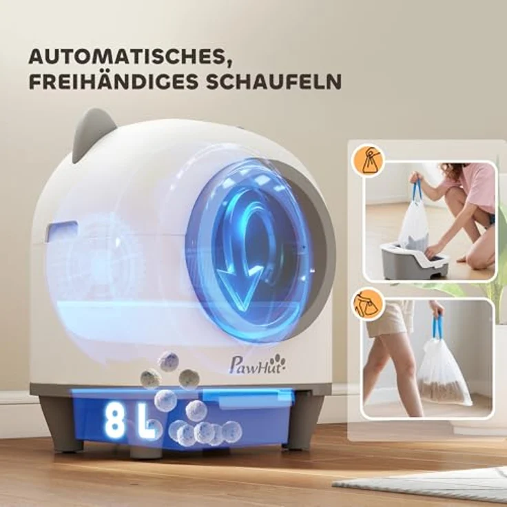 PawHut automatische Katzentoilette mit App-Steuerung, Geruchsbeseitigung und Mülleimer, weiß-grau, für mehrere Katzen – Bild 5