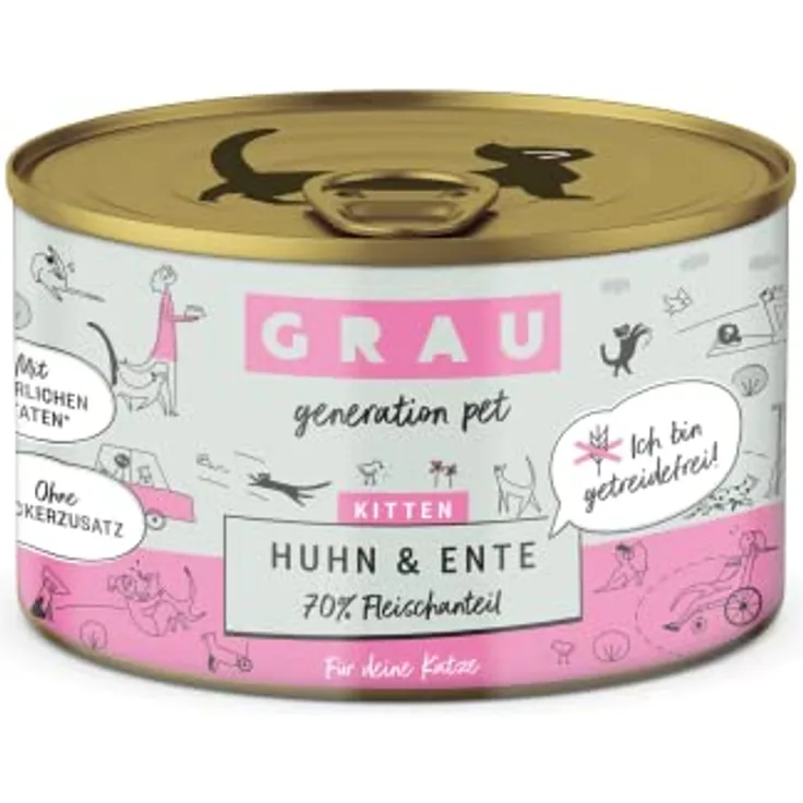 GRAU Nassfutter für Katzen - Kitten - Huhn & Ente, getreidefrei, 6er Pack (6 x 200 g)