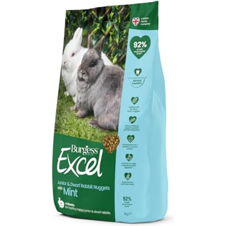 Burgess Excel Junior & Zwergkaninchen Futter Nuggets mit Minze, 3kg - proteinreiches Alleinfutter, unterstützt Verdauung, Immunsystem und gesundes Fell