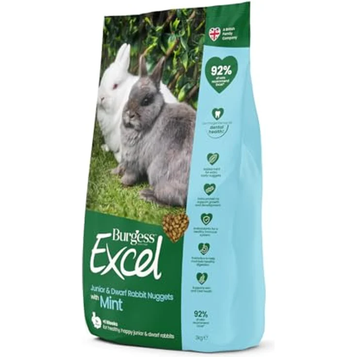 Burgess Excel Junior & Zwergkaninchen Futter Nuggets mit Minze, 3kg - proteinreiches Alleinfutter, unterstützt Verdauung, Immunsystem und gesundes Fell – Bild 1
