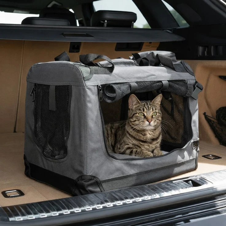 belviona Tiertransporttasche für Katzen, faltbar mit Mesh-Fenstern, 50x34x36 cm, dunkelgrau, bis 10 kg, leichte & stabile Katzentransportbox mit Innenkissen & Taschen