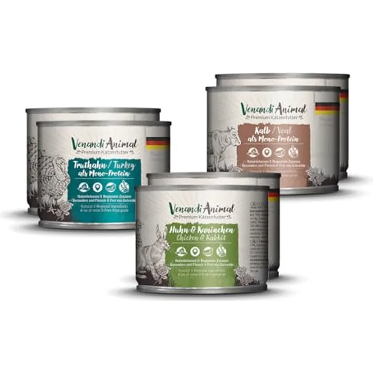 Venandi Animal Premium Nassfutter für Katzen, Probierpaket II, getreidefrei, Huhn + Kaninchen, Kalb, Truthahn, 6 x 200 g, 1.2 kg, naturbelassen