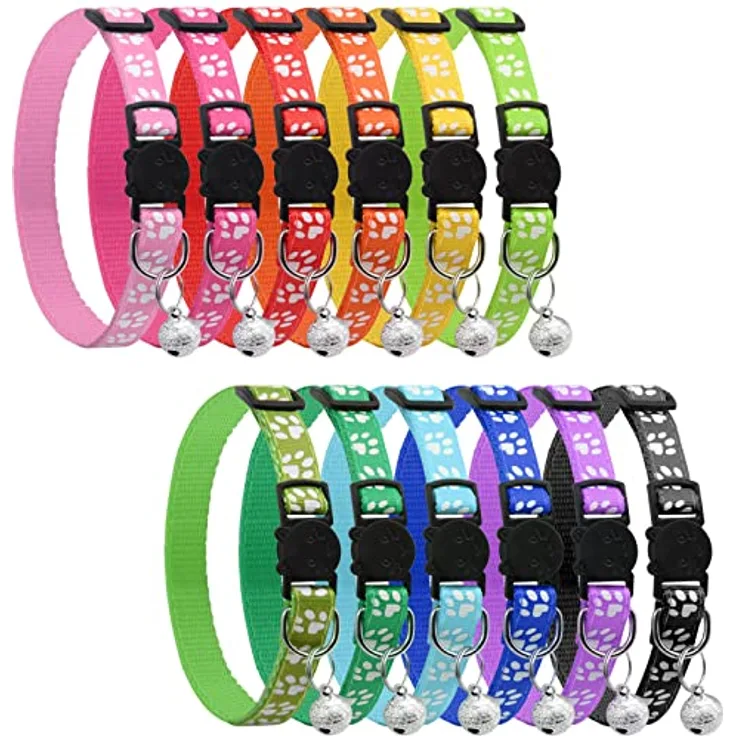 onebarleycorn Katzenhalsband, Sicherheitsverschluss mit Glöckchen, reflektierend und verstellbar, 12 Stück