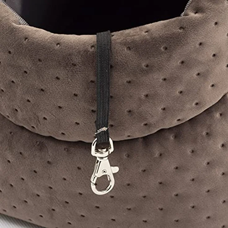 BOUTIQUE ZOO Transporttasche für Hunde und Katzen, Schultertasche aus Wildlederimitat - Velvet, bis 5 kg, Größe S, Braun mit Gummiband und Karabiner – Bild 5
