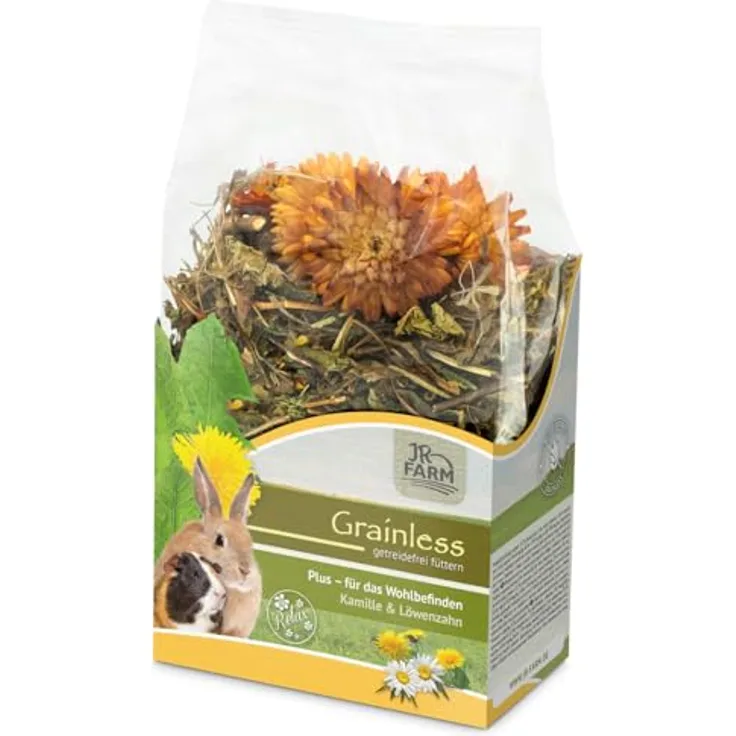 JR Farm Grainless Plus Kamille & Löwenzahn 100g, getreidefreies Kleintierfutter mit hohem Löwenzahnanteil und wohltuender Kamille