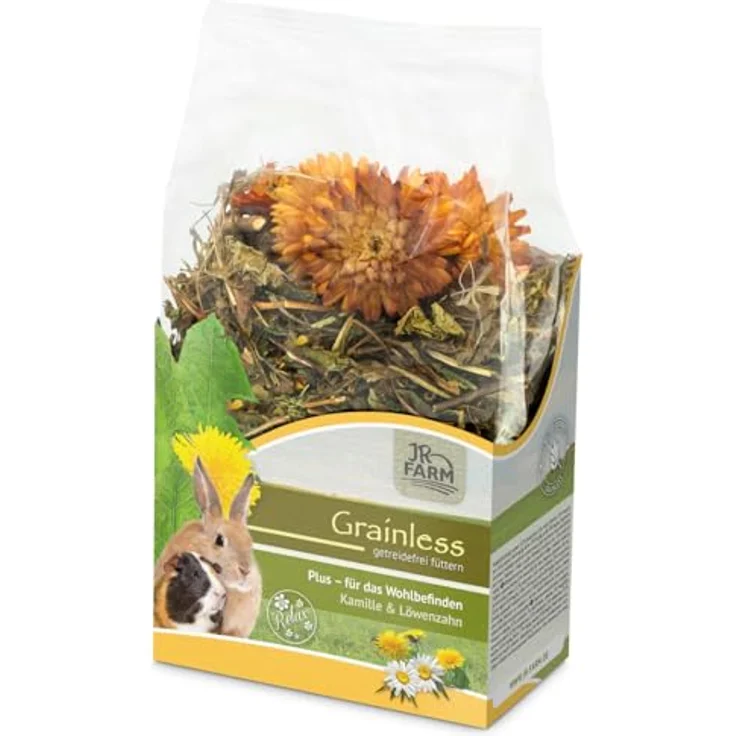 JR Farm Grainless Plus Kamille & Löwenzahn 100g, getreidefreies Kleintierfutter mit hohem Löwenzahnanteil und wohltuender Kamille – Bild 1