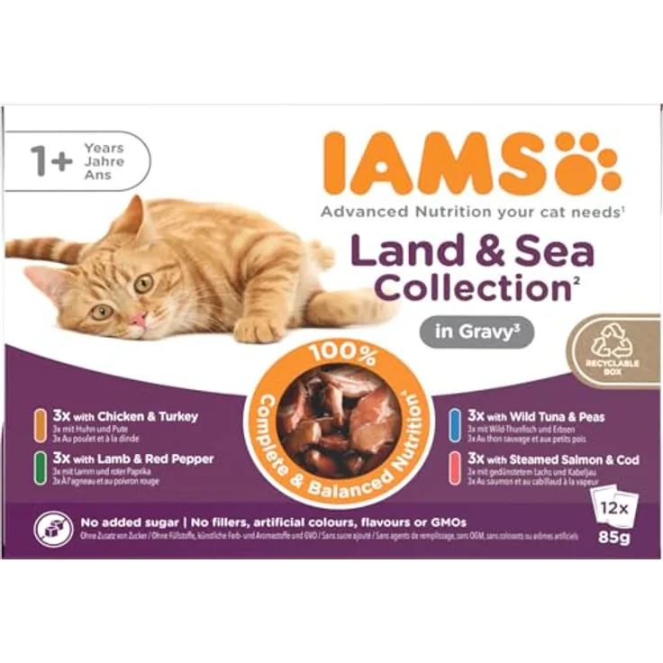 IAMS Delights Land & Sea Collection, Nassfutter für Katzen ab 1 Jahr, Multipack mit 12 x 85 g - 4 Fleisch- und Fischsorten in Sauce, 99% tierische Proteine