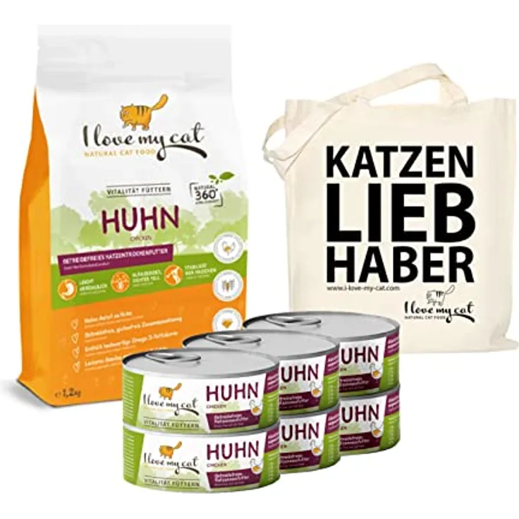 I love my cat NATURAL CAT FOOD I Love My Cat Set Hypoallergenes Getreidefreies Trockenfutter 1,2 kg & Nassfutter mit Huhn 6 x 100 g, ohne künstliche Inhaltsstoffe, hohe Verdaulichkeit