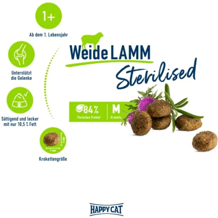 HAPPY CAT Sterilised Trockenfutter Katze Adult, Weide-Lamm, 1,3 kg, für kastrierte Katzen, Gewichtsmanagement, Haut- und Fellunterstützung – Bild 2