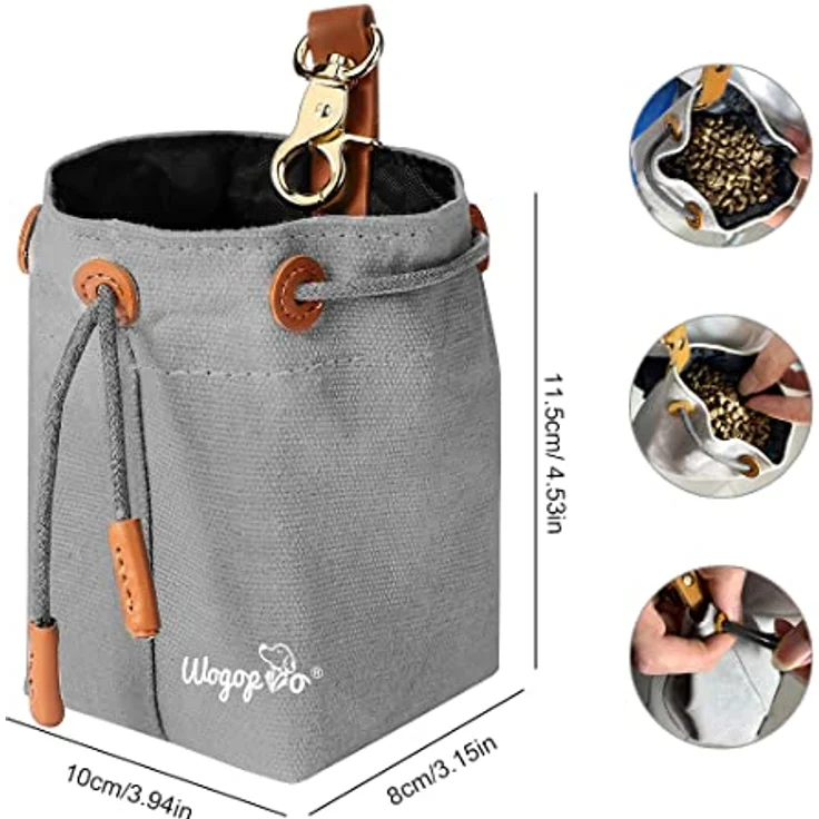 WOGOPRO Leckerlibeutel für Hunde, strapazierfähiger Canvas Hundefutterbeutel mit Clip und verstellbarem Kordelzug, grau – Bild 3
