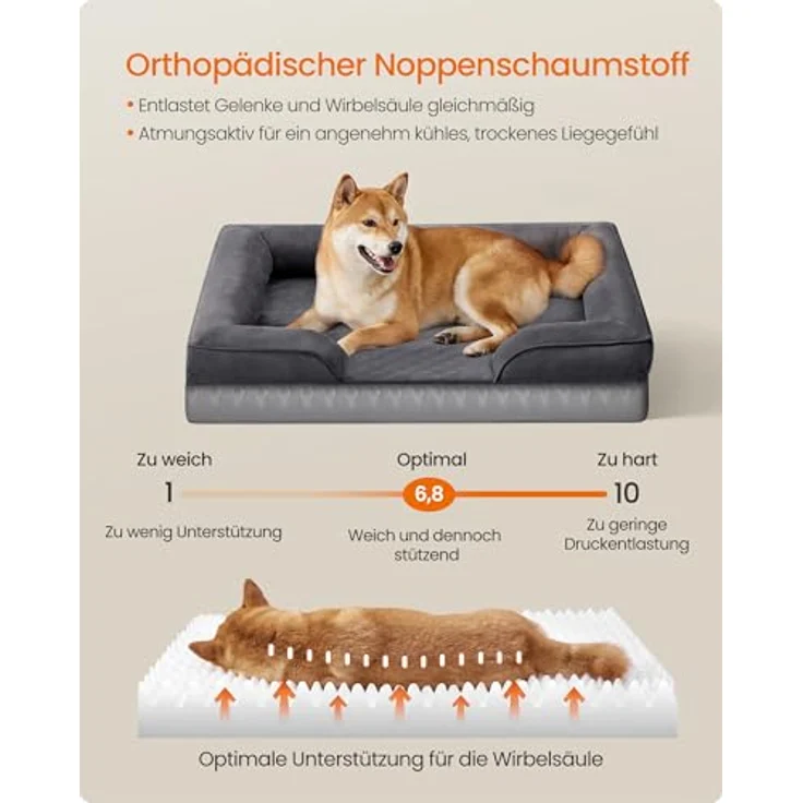 Feandrea Orthopädisches Hundebett PGW322GN01, L, Noppenschaumstoff, erhöhter Rand, abnehmbarer Bezug, waschbar, rutschfest, wasserabweisend, schiefergrau, 89 x 63 x 16 cm – Bild 3