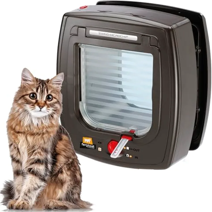 Ferplast SWING MICROCHIP, Katzenklappe mit Mikrochip-Erkennung, 4-Wege steuerbar, Zugluftschutz, inkl. Mikrochip-Halsband, Braun