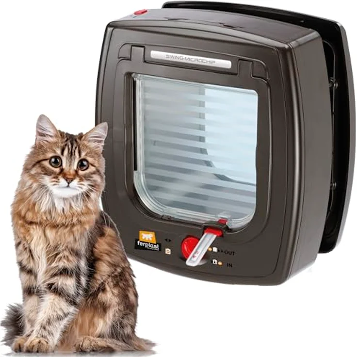 Ferplast SWING MICROCHIP, Katzenklappe mit Mikrochip-Erkennung, 4-Wege steuerbar, Zugluftschutz, inkl. Mikrochip-Halsband, Braun – Bild 1
