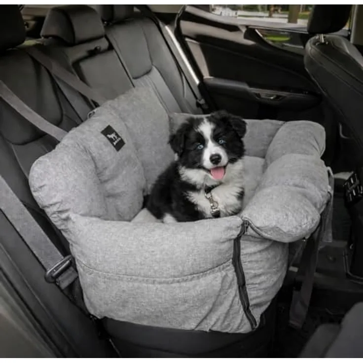 JACKO & CO V2 Premium Hundeautositz - Sitzerhöhung für Haustiere bis 20 kg, grau, mit abnehmbarem Bezug und Clip-On-Leine für mehr Sicherheit